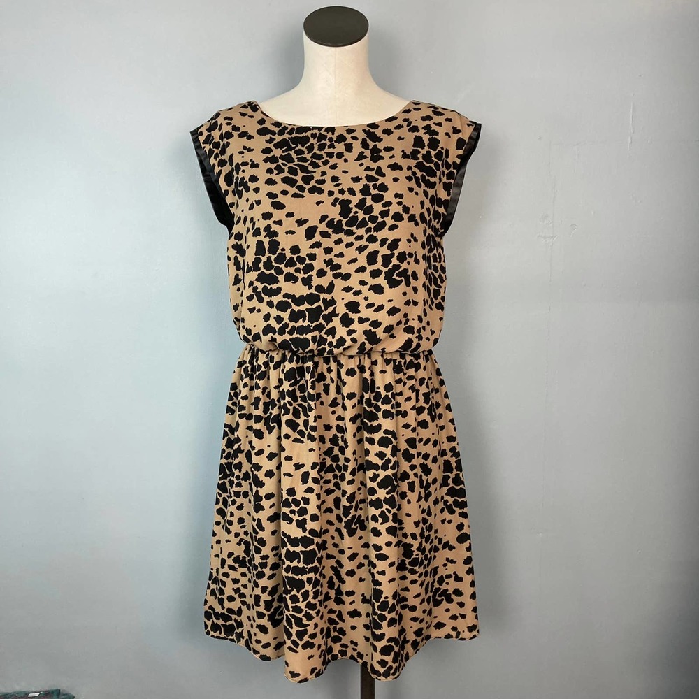 Vince Camuto Animal Print Blouson Elastic Waist Dress Vegan Leather Trim Size M